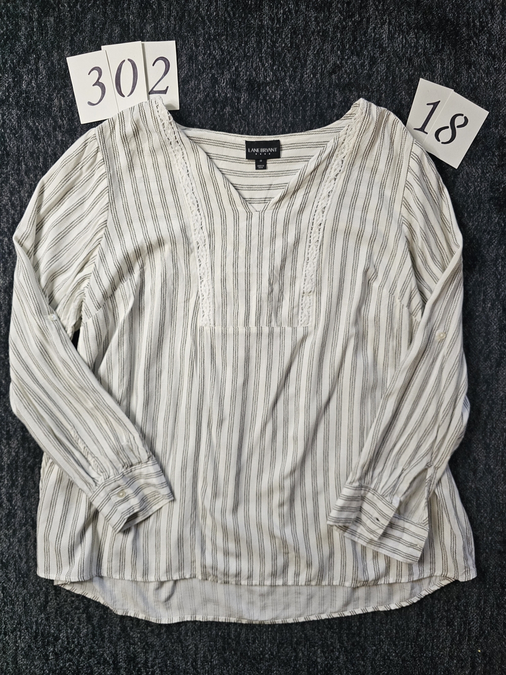 Lane Bryant White and Black Striped V-Neck Peasant Blouse